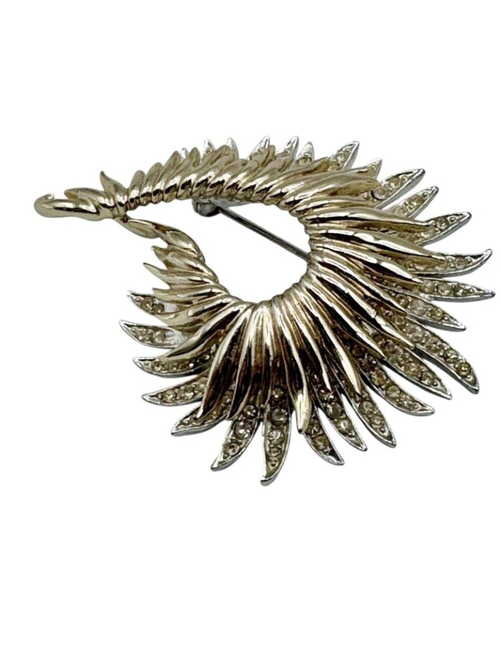Vintage Marcel Boucher Brooch Gold Tone Rhodium Plated Fern Feather Rhinestones - Picture 4 of 14